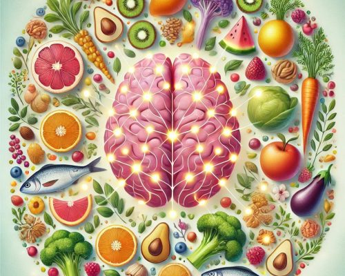 DALL·E 2024-10-03 20.50.39 - An aesthetically pleasing illustration of a human brain at the center, surrounded by vibrant, healthy foods like fruits, vegetables, nuts, and fish. T