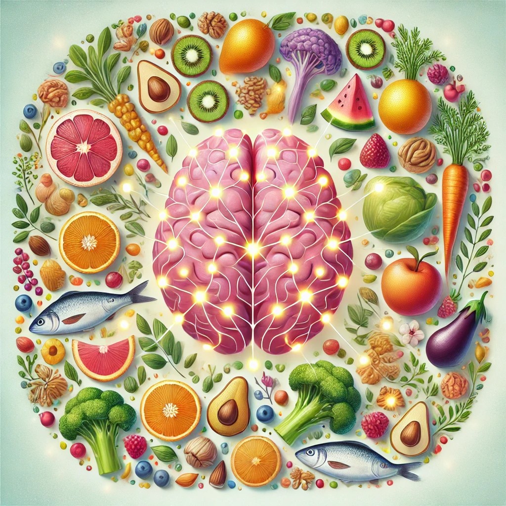 DALL·E 2024-10-03 20.50.39 - An aesthetically pleasing illustration of a human brain at the center, surrounded by vibrant, healthy foods like fruits, vegetables, nuts, and fish. T